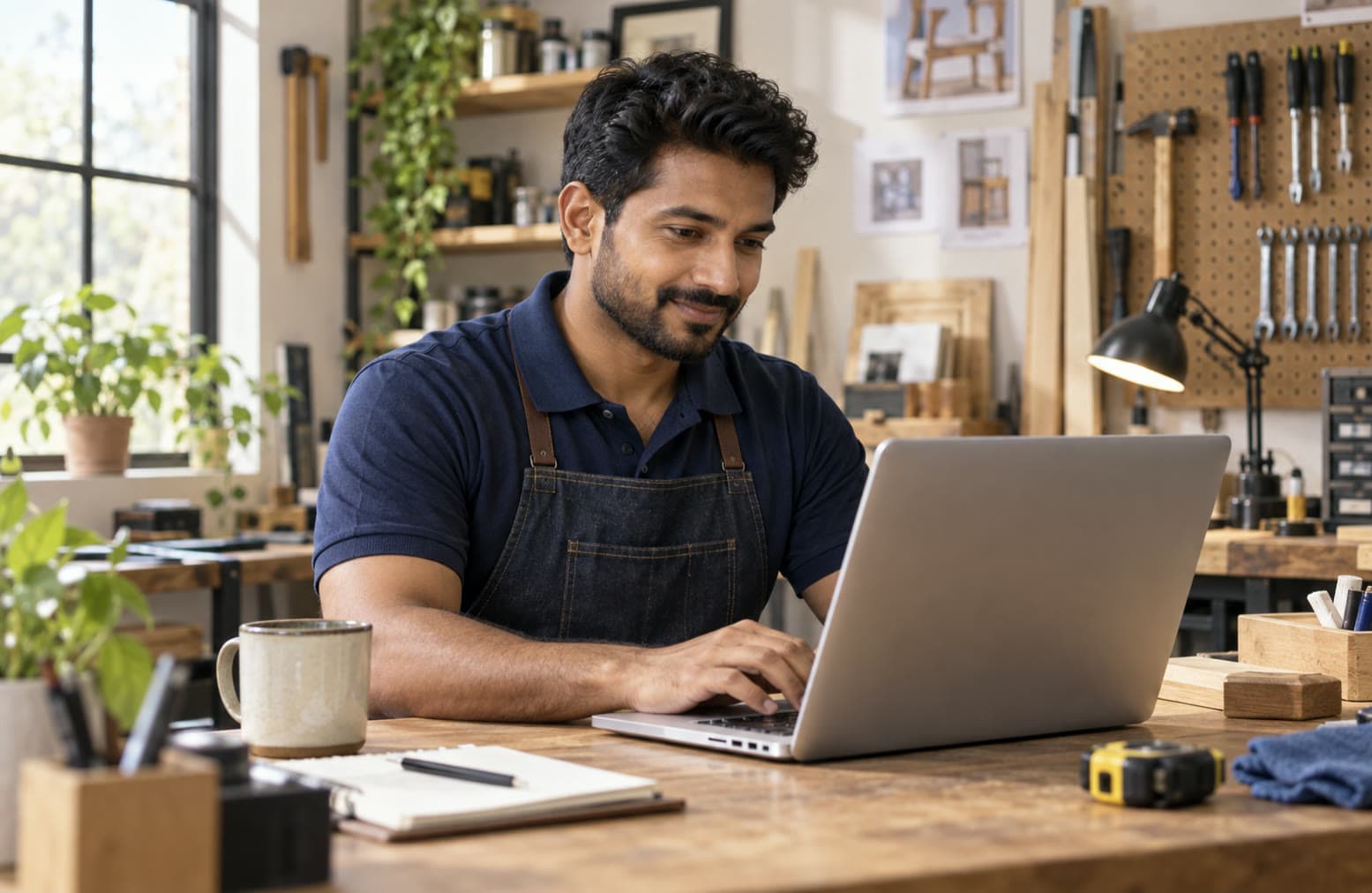 A service professional using a laptop in his workshop
