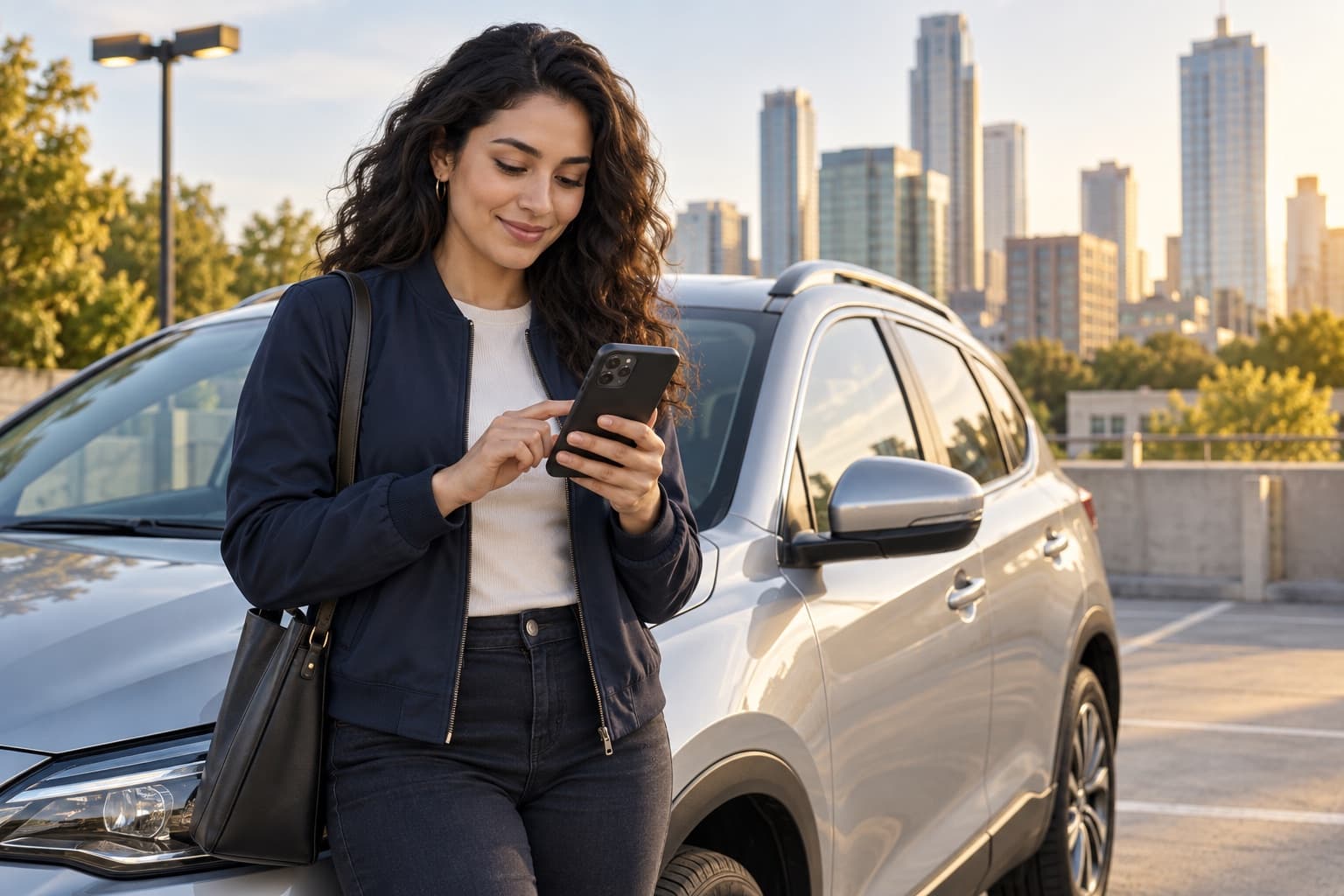 A professional driver creating an account beside her vehicle