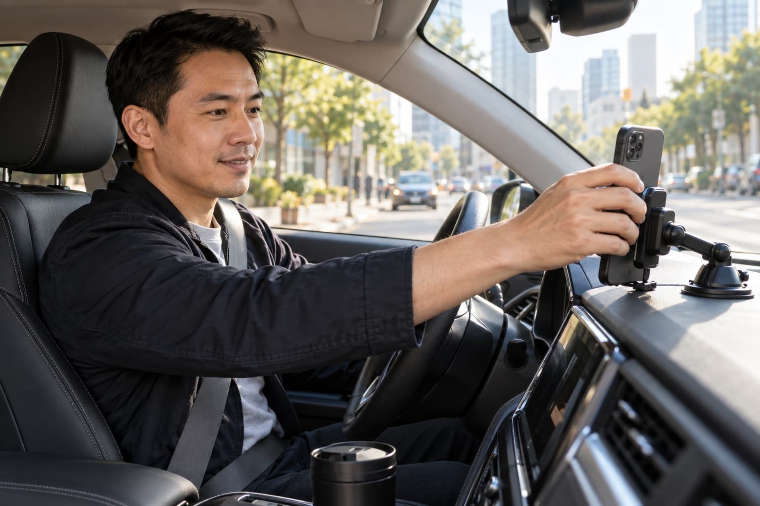 A driver securing a phone before going online