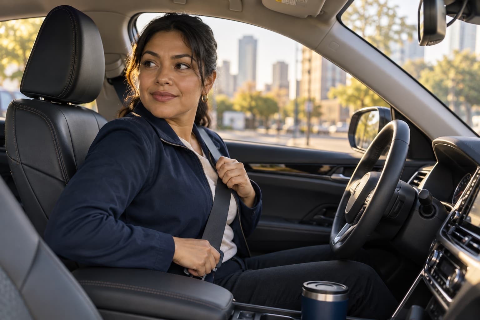 A professional driver fastening a seat belt