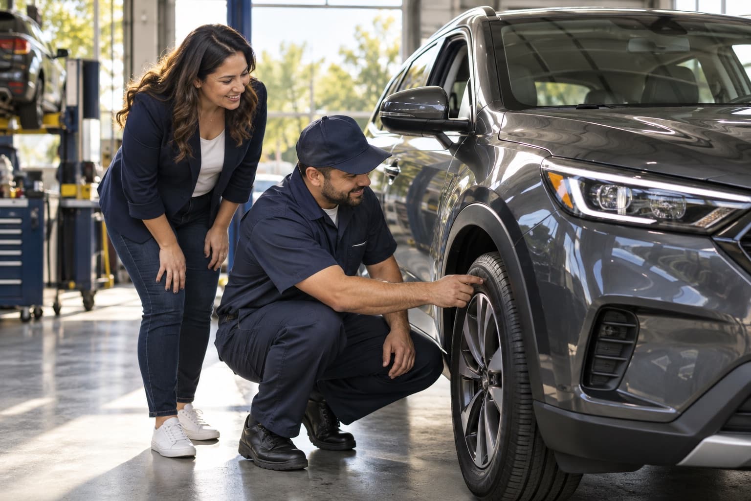 A driver and mechanic inspecting a ride vehicle