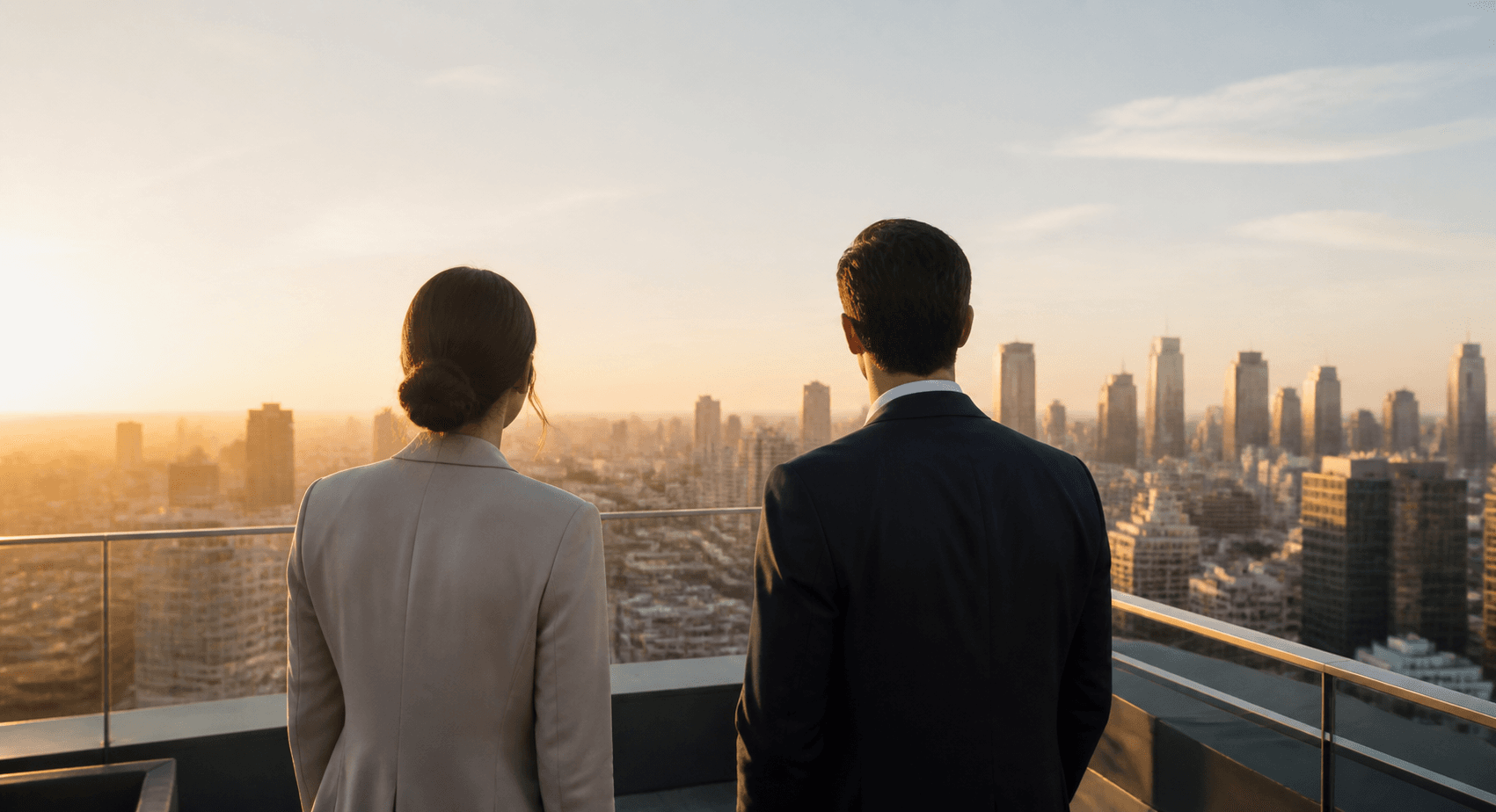 Two people looking across a city at sunrise