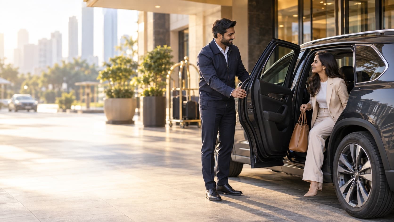 A professional driver helping a passenger at a waiting vehicle