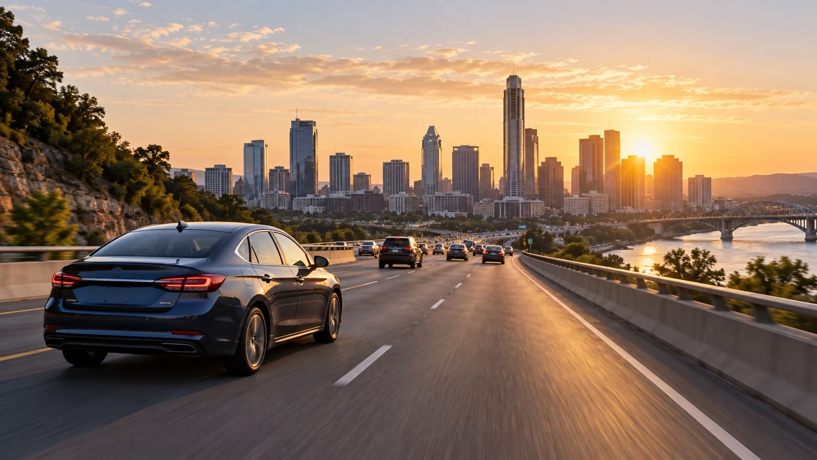 A vehicle traveling toward a city at sunrise
