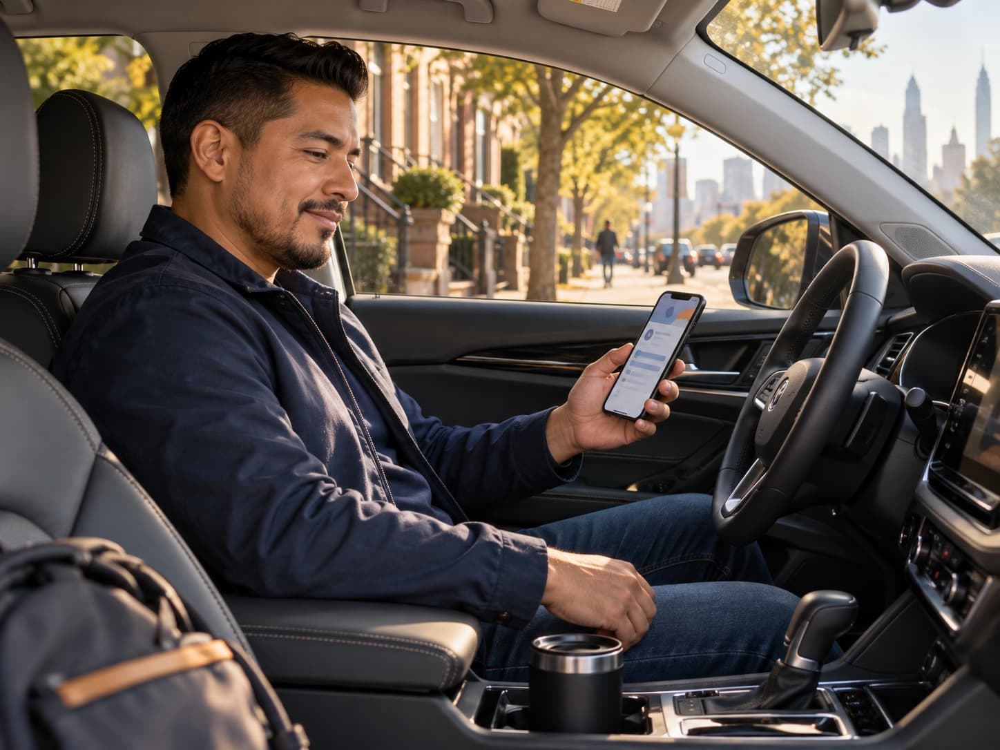 A professional driver reviewing the Rides workspace in a parked vehicle